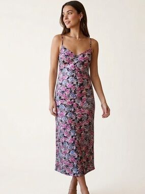 AFRM Floral Satin Midi Slip Dress Size Small Blue Pink Flowers EUC Revolve
